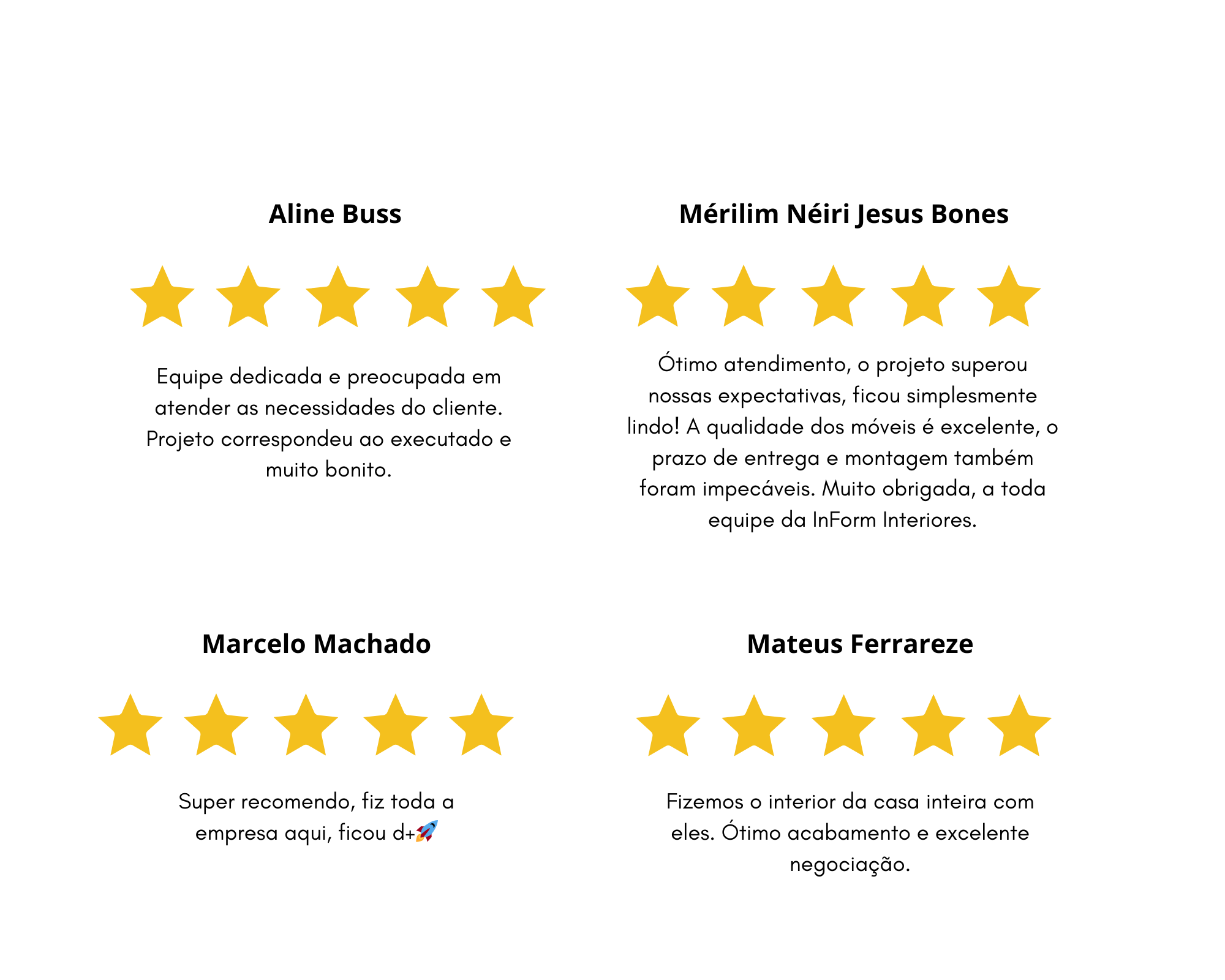 <p>Veja aqui o que os clientes est&atilde;o falando da Inform Interiores.&nbsp;</p>

<p>&nbsp;</p>

<p>A Inform Interiores trabalha buscando atender sempre com excel&ecirc;ncia, agilidade e qualidade.</p>

<p>Depoimentos como estes nos deixam felizes e nos impulsionam cada vez mais em&nbsp;nossa caminhada.&nbsp;&nbsp;</p>

<p>Seguimos evoluindo sempre.&nbsp;</p>

<p>&nbsp;</p>
